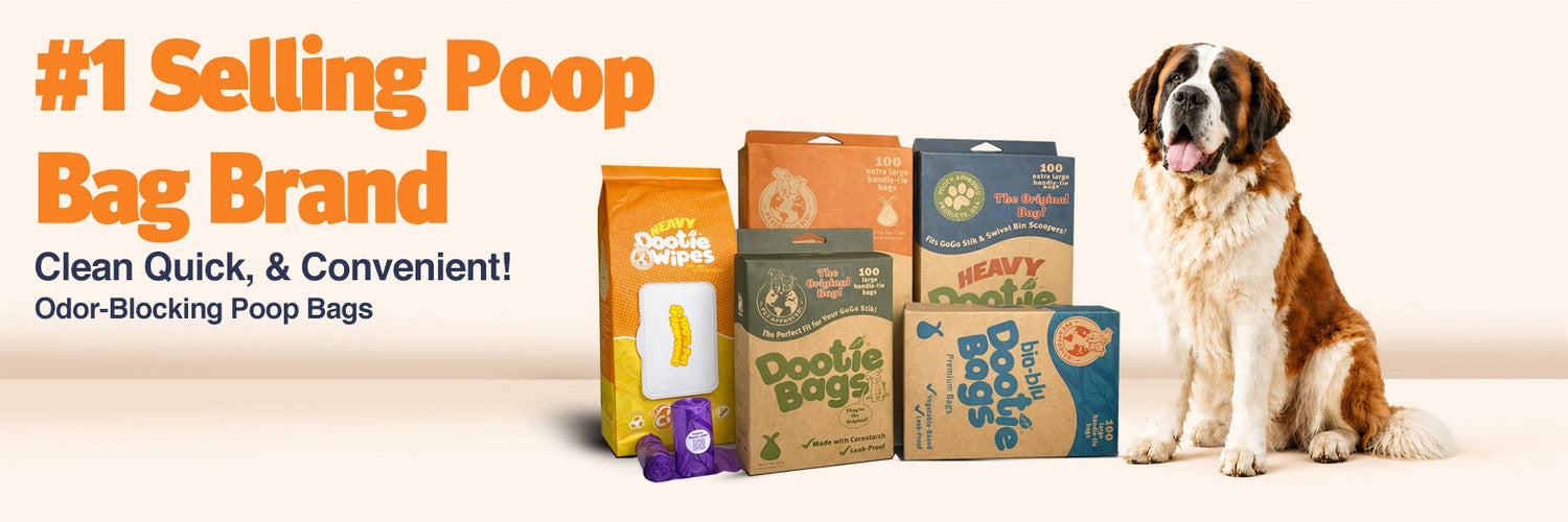 Dog poop bag packaging with a dog on a beige background