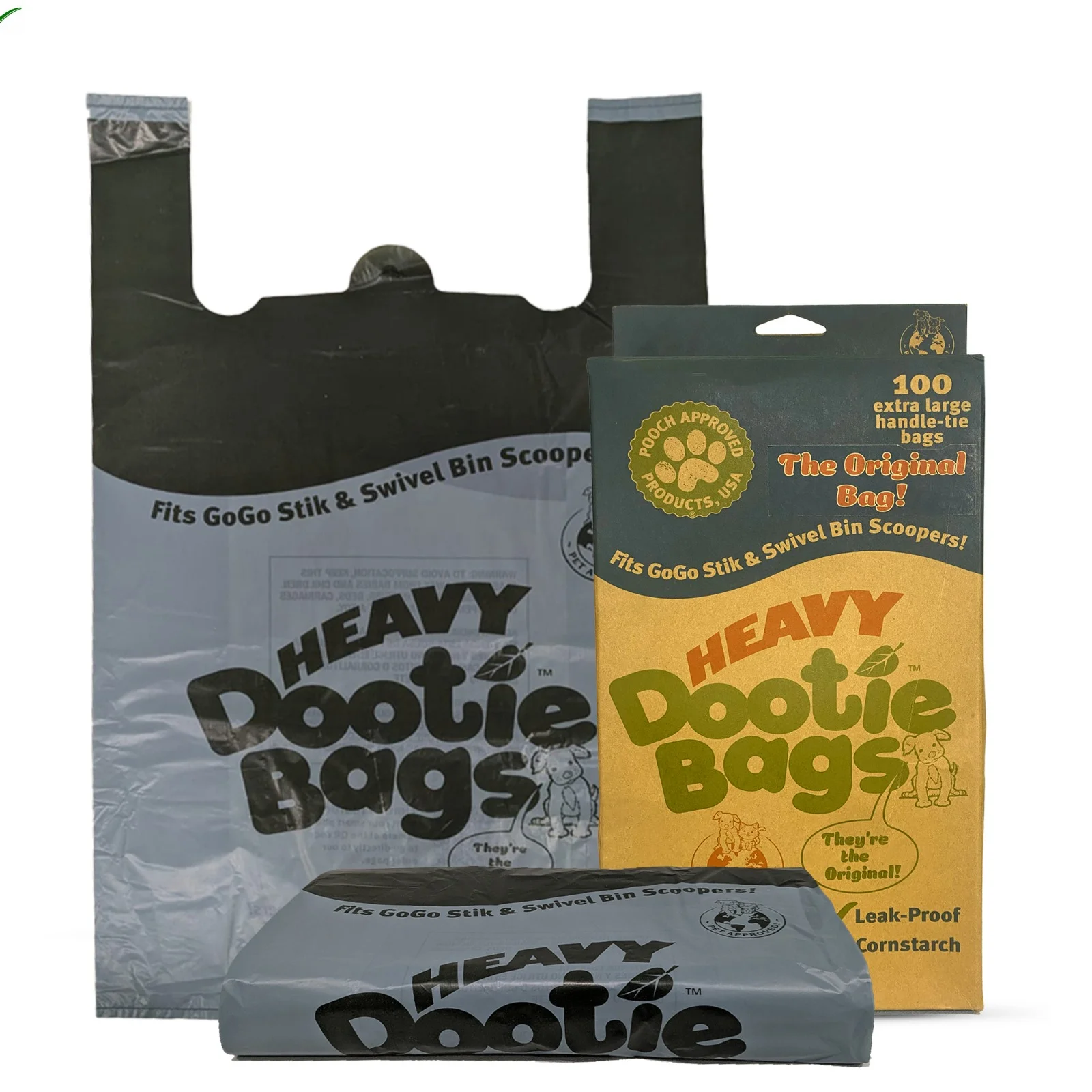 The Original HEAVY Dootie Bags - VERY LARGE, Strong EZ Tie Handle Poop Bags for Dogs & Cat Litter