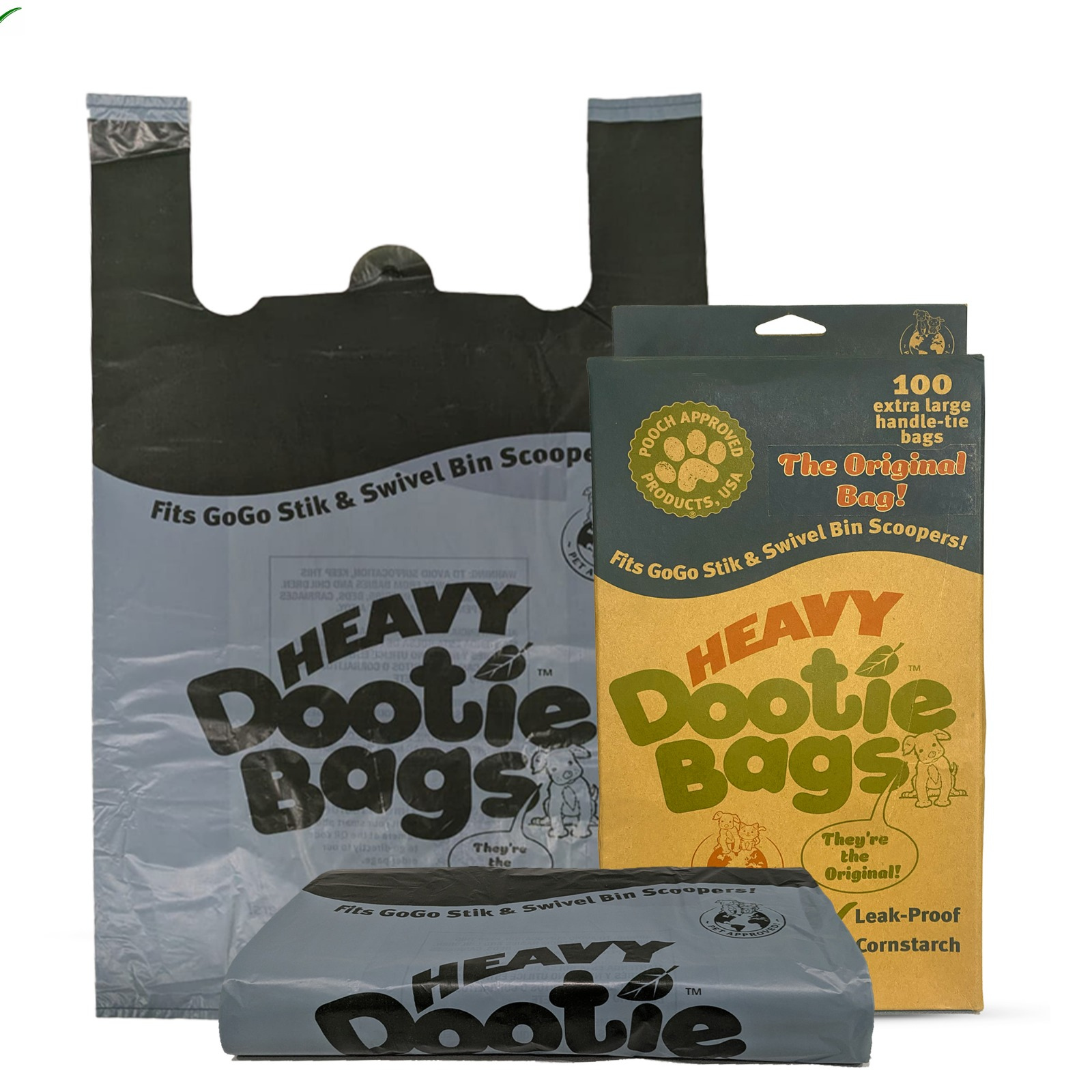 The Original HEAVY Dootie Bags - VERY LARGE, Strong EZ Tie Handle Poop Bags for Dogs & Cat Litter